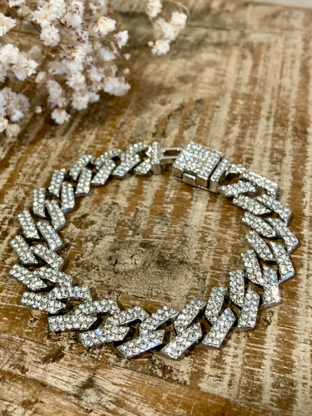 Men’s Miami Cuban Chain Silver Tone Bracelet with Rhinestones - Picture 2 of 11